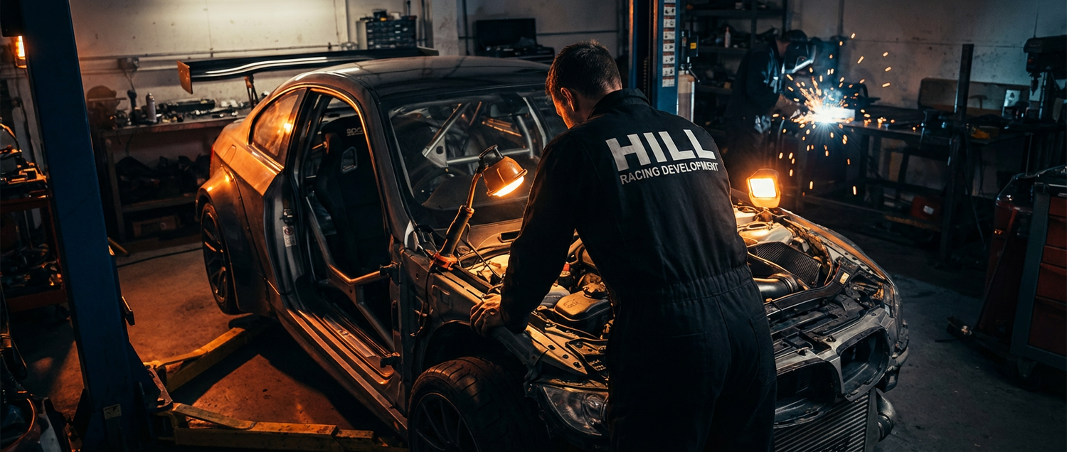 Hill Racing Development mechanic working on BMW E92